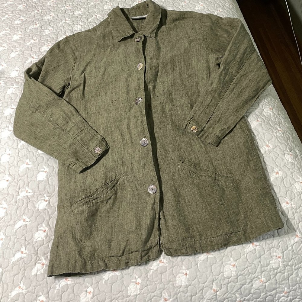 Chico's Design Long Linen Jacket in Olive Green, Size 0 Great Condition